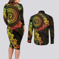 Vanuatu Couples Matching Long Sleeve Bodycon Dress and Long Sleeve Button Shirt Hibisus Polynesian Pattern Reggae - Polynesian Pride