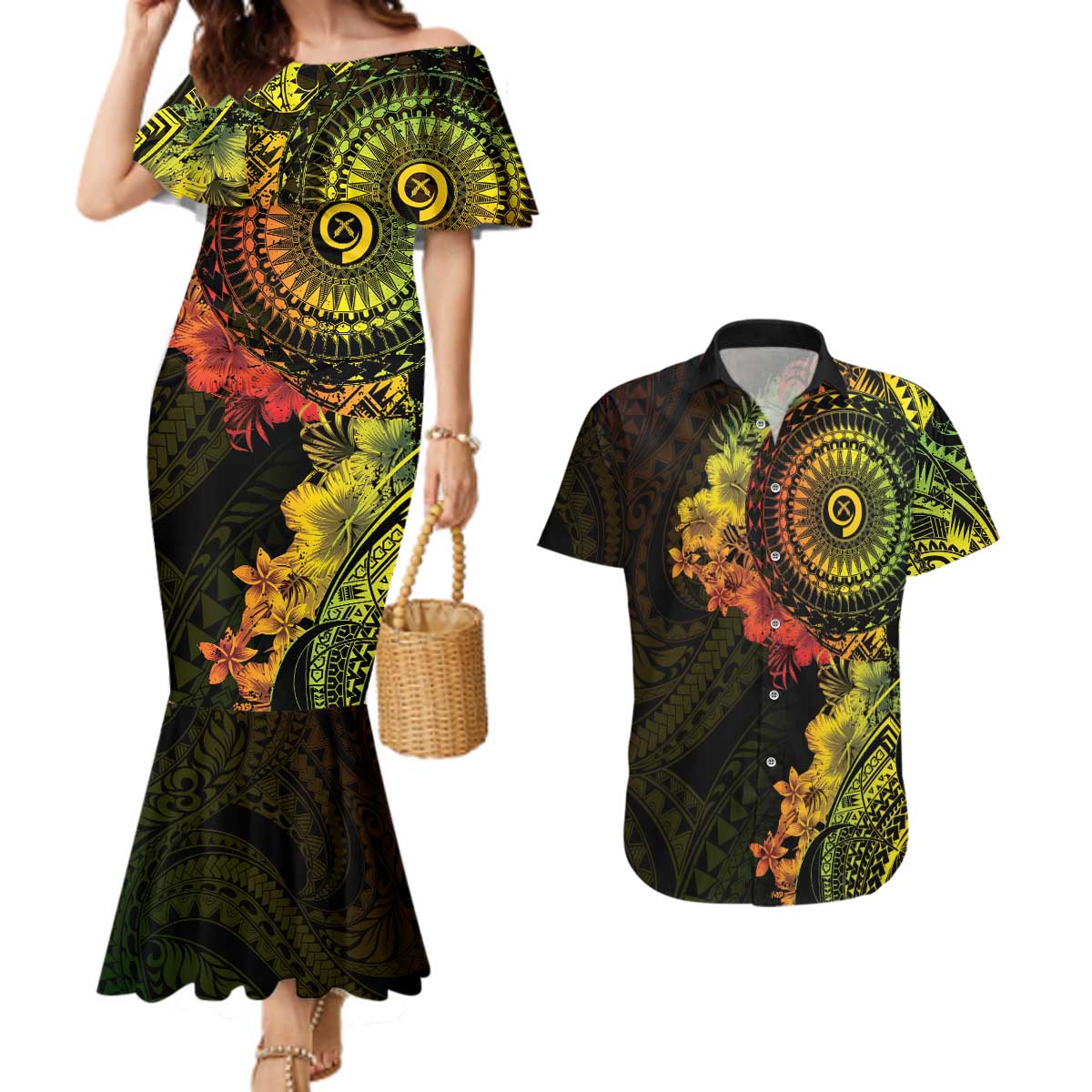 Vanuatu Couples Matching Mermaid Dress and Hawaiian Shirt Hibisus Polynesian Pattern Reggae - Polynesian Pride