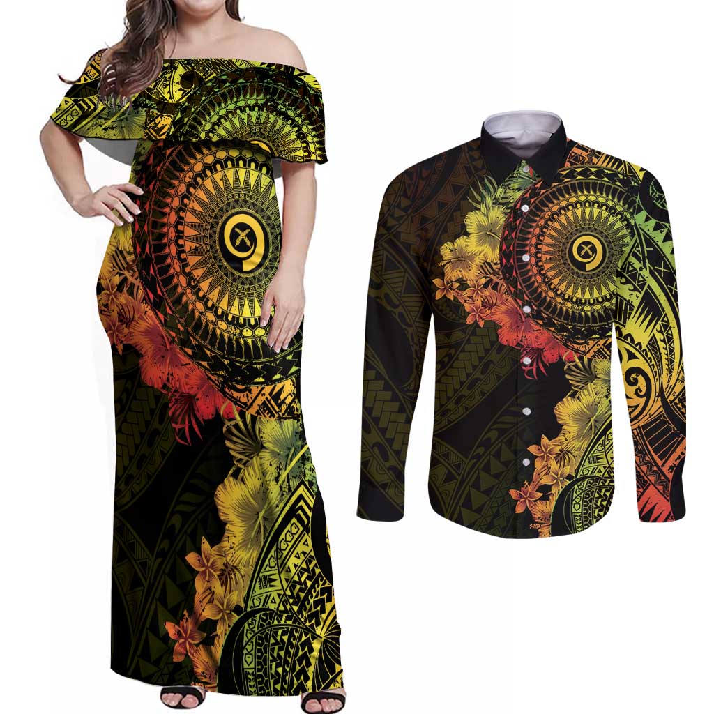 Vanuatu Couples Matching Off Shoulder Maxi Dress and Long Sleeve Button Shirt Hibisus Polynesian Pattern Reggae - Polynesian Pride