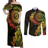Vanuatu Couples Matching Off Shoulder Maxi Dress and Long Sleeve Button Shirt Hibisus Polynesian Pattern Reggae - Polynesian Pride