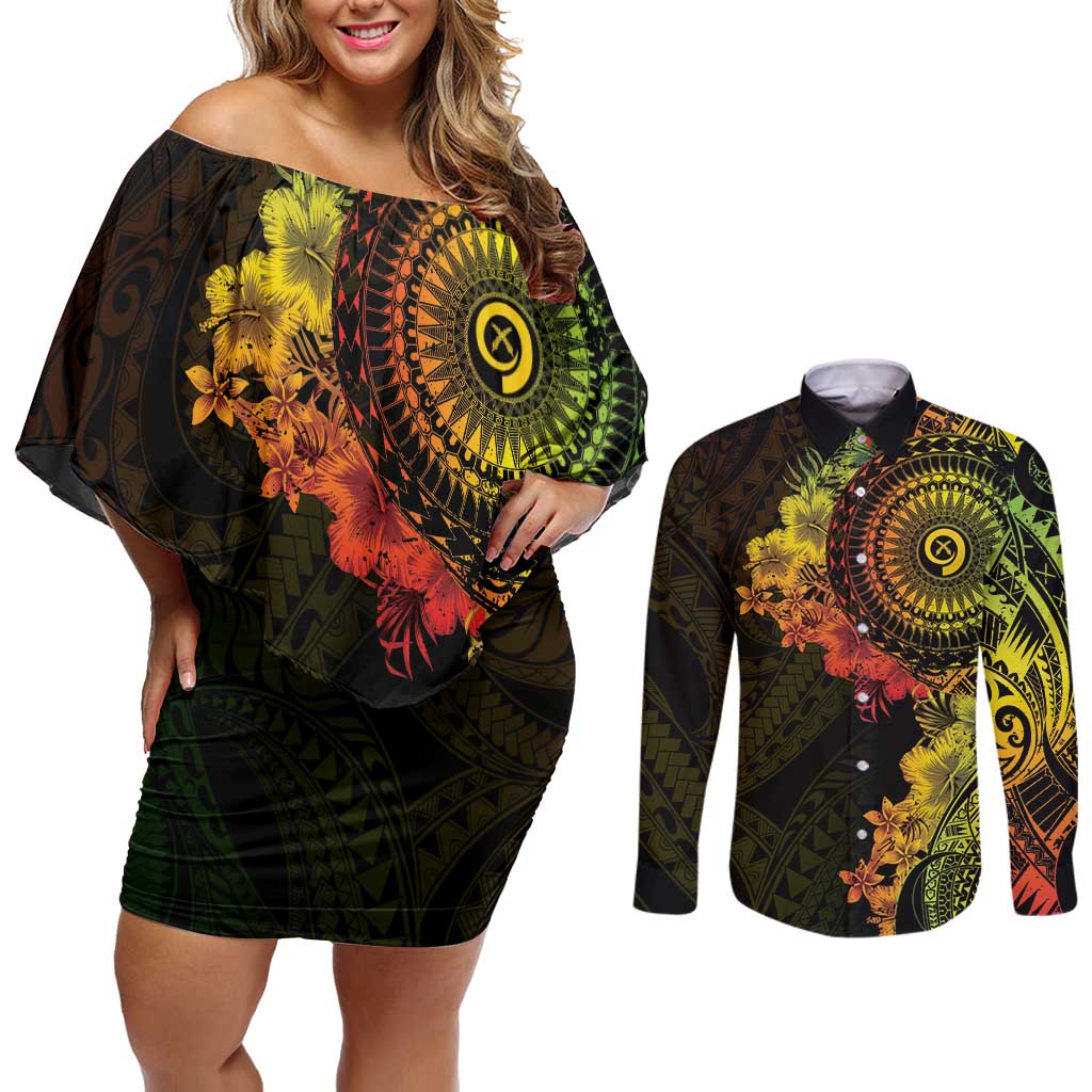 Vanuatu Couples Matching Off Shoulder Short Dress and Long Sleeve Button Shirt Hibisus Polynesian Pattern Reggae - Polynesian Pride