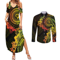 Vanuatu Couples Matching Summer Maxi Dress and Long Sleeve Button Shirt Hibisus Polynesian Pattern Reggae - Polynesian Pride