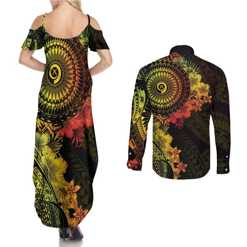 Vanuatu Couples Matching Summer Maxi Dress and Long Sleeve Button Shirt Hibisus Polynesian Pattern Reggae - Polynesian Pride