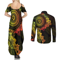 Vanuatu Couples Matching Summer Maxi Dress and Long Sleeve Button Shirt Hibisus Polynesian Pattern Reggae - Polynesian Pride