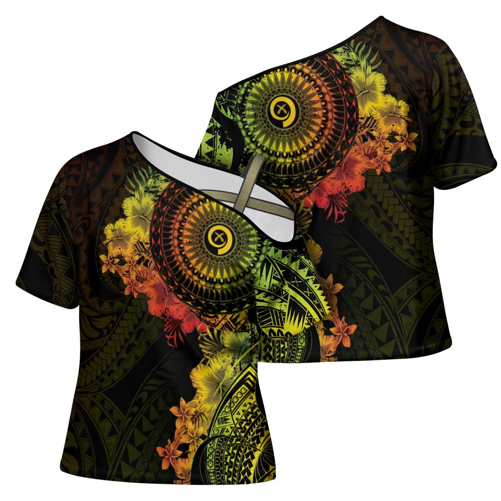 Vanuatu Cross Shoulder Shirt Hibisus Polynesian Pattern Reggae - Polynesian Pride