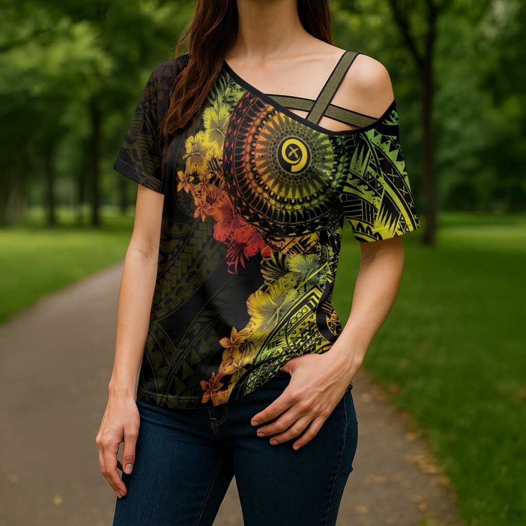 Vanuatu Cross Shoulder Shirt Hibisus Polynesian Pattern Reggae - Polynesian Pride