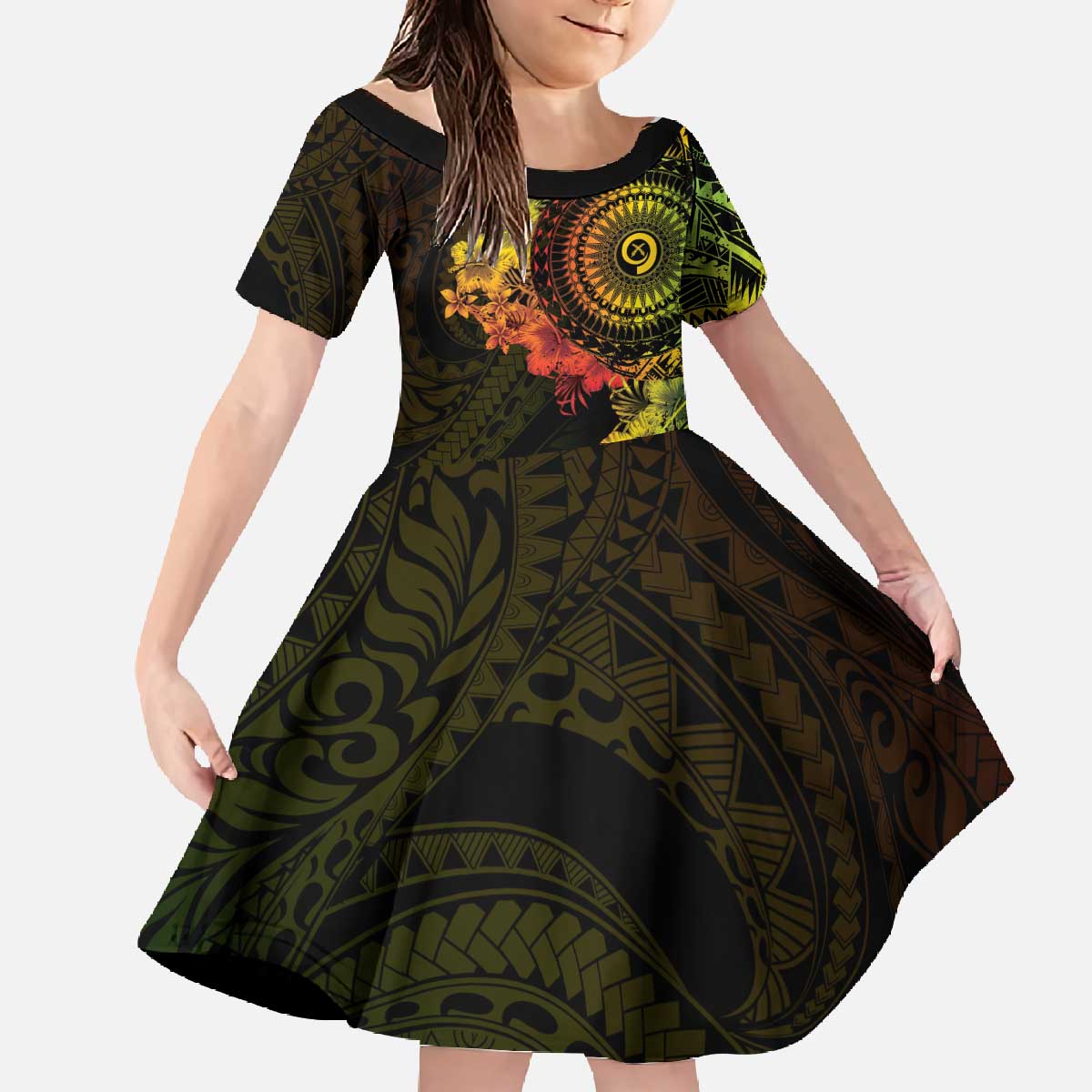 Vanuatu Family Matching Off The Shoulder Long Sleeve Dress and Hawaiian Shirt Hibisus Polynesian Pattern Reggae - Polynesian Pride