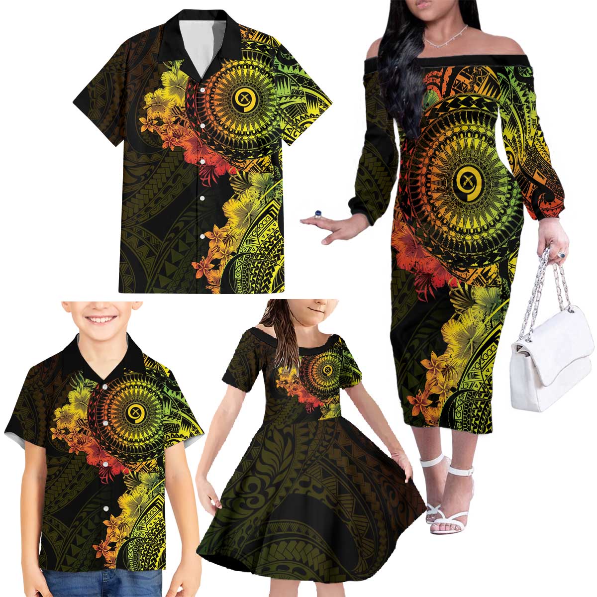 Vanuatu Family Matching Off The Shoulder Long Sleeve Dress and Hawaiian Shirt Hibisus Polynesian Pattern Reggae - Polynesian Pride