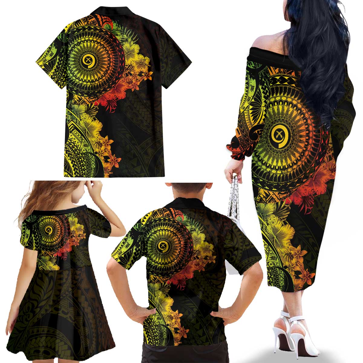 Vanuatu Family Matching Off The Shoulder Long Sleeve Dress and Hawaiian Shirt Hibisus Polynesian Pattern Reggae - Polynesian Pride