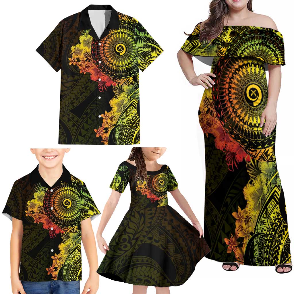 Vanuatu Family Matching Off Shoulder Maxi Dress and Hawaiian Shirt Hibisus Polynesian Pattern Reggae - Polynesian Pride