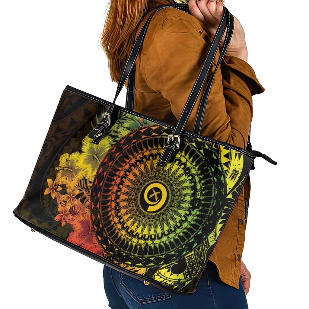 Vanuatu Leather Tote Bag Hibisus Polynesian Pattern Reggae - Polynesian Pride