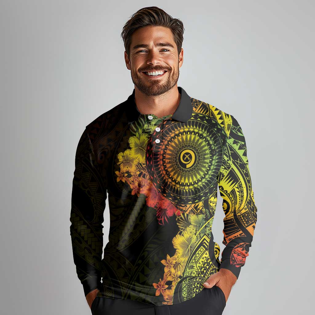 Vanuatu Long Sleeve Polo Shirt Hibisus Polynesian Pattern Reggae LT14 - Polynesian Pride