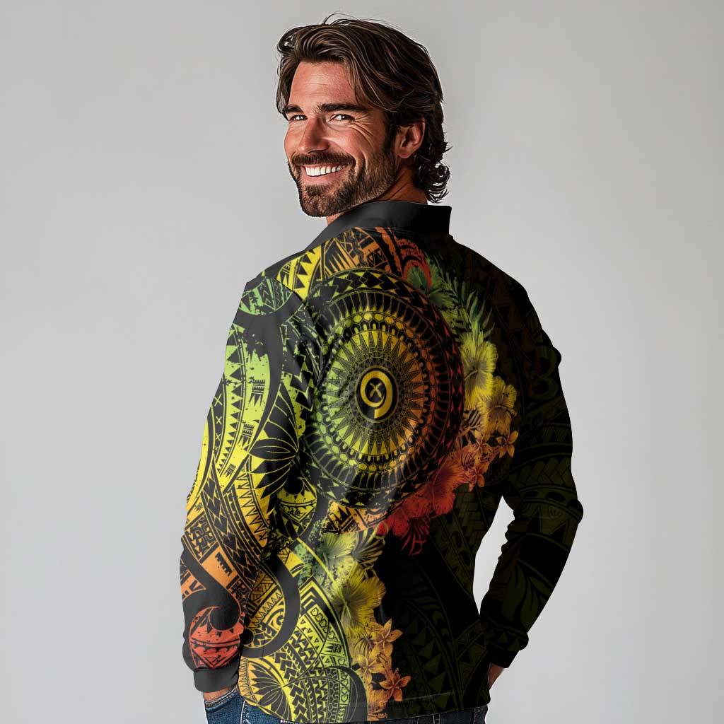 Vanuatu Long Sleeve Polo Shirt Hibisus Polynesian Pattern Reggae LT14 - Polynesian Pride