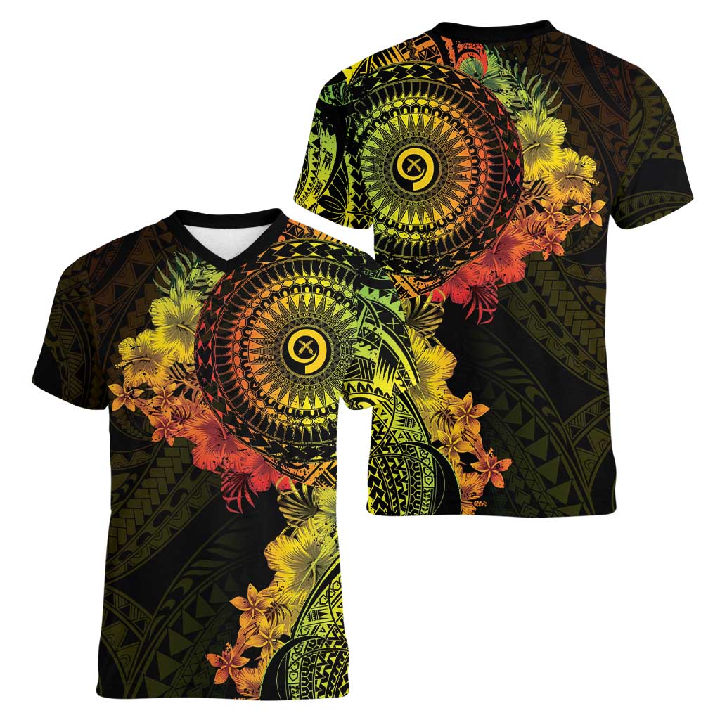 Vanuatu Women V-Neck T-Shirt Hibisus Polynesian Pattern Reggae - Polynesian Pride