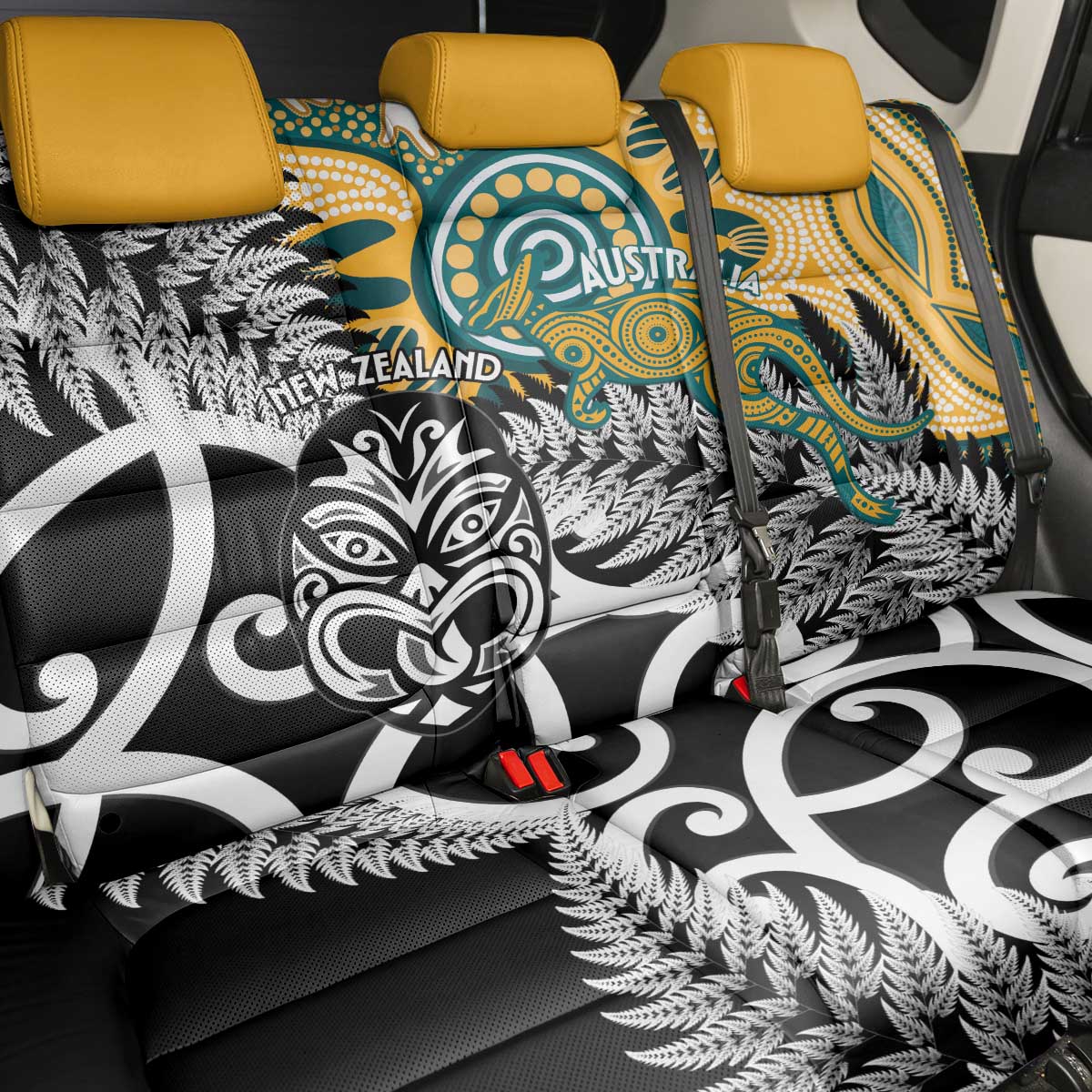 New Zealand Australia Rugby Back Car Seat Cover Wallabies Aboriginal All Black Maori Tiki Together - Polynesian Pride