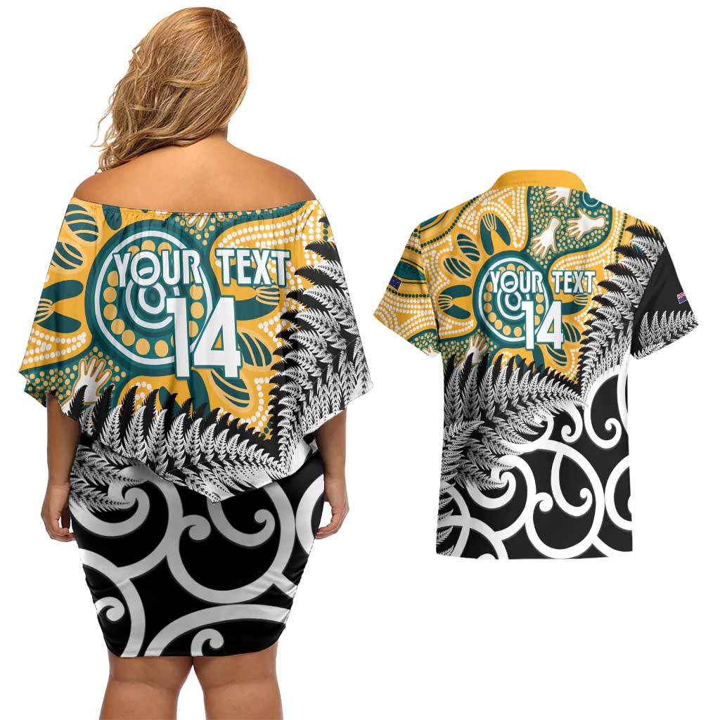 New Zealand Australia Rugby Custom Couples Matching Off Shoulder Short Dress and Hawaiian Shirt Wallabies Aboriginal All Black Maori Tiki Together - Polynesian Pride