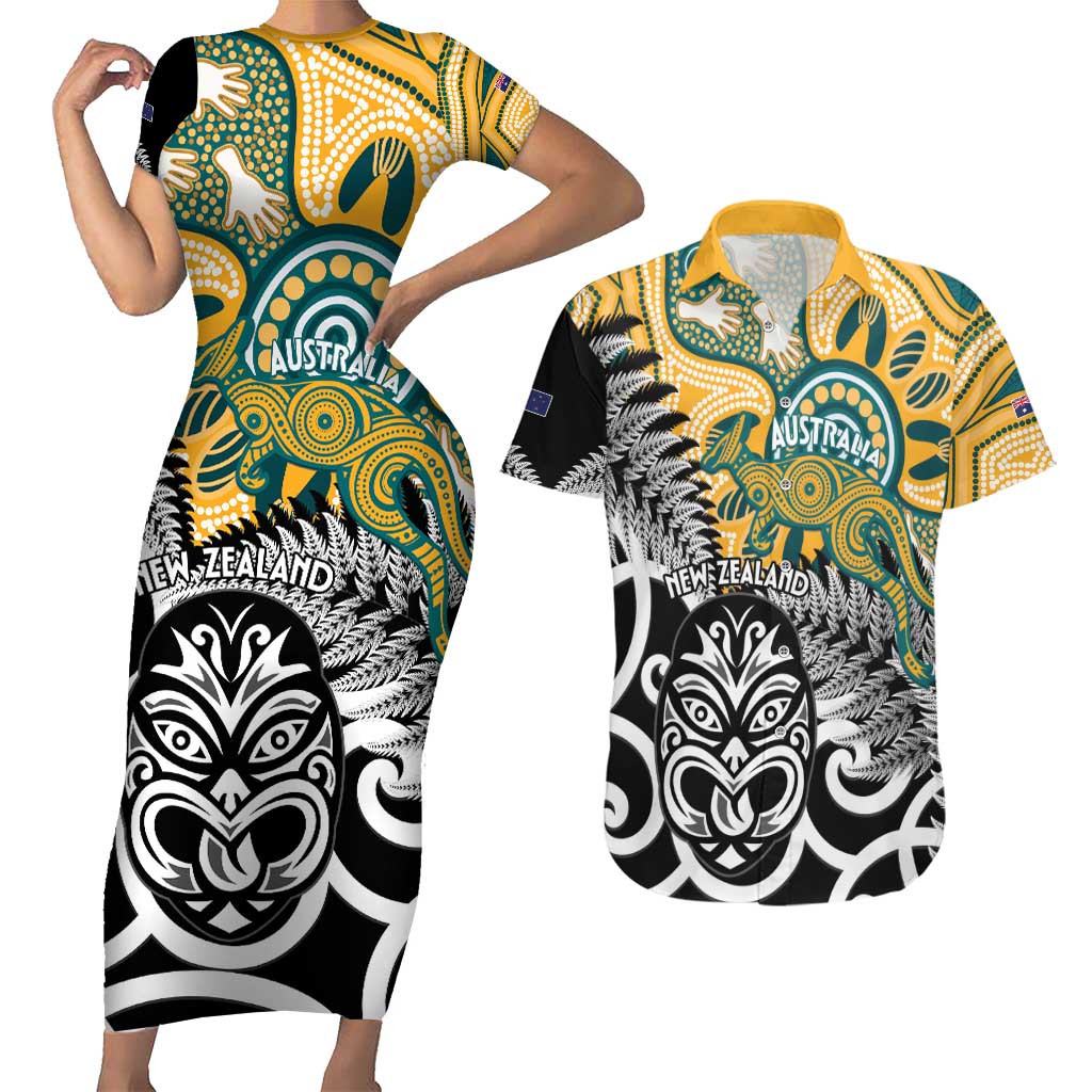 New Zealand Australia Rugby Custom Couples Matching Short Sleeve Bodycon Dress and Hawaiian Shirt Wallabies Aboriginal All Black Maori Tiki Together - Polynesian Pride
