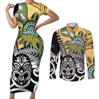 New Zealand Australia Rugby Custom Couples Matching Short Sleeve Bodycon Dress and Long Sleeve Button Shirt Wallabies Aboriginal All Black Maori Tiki Together - Polynesian Pride