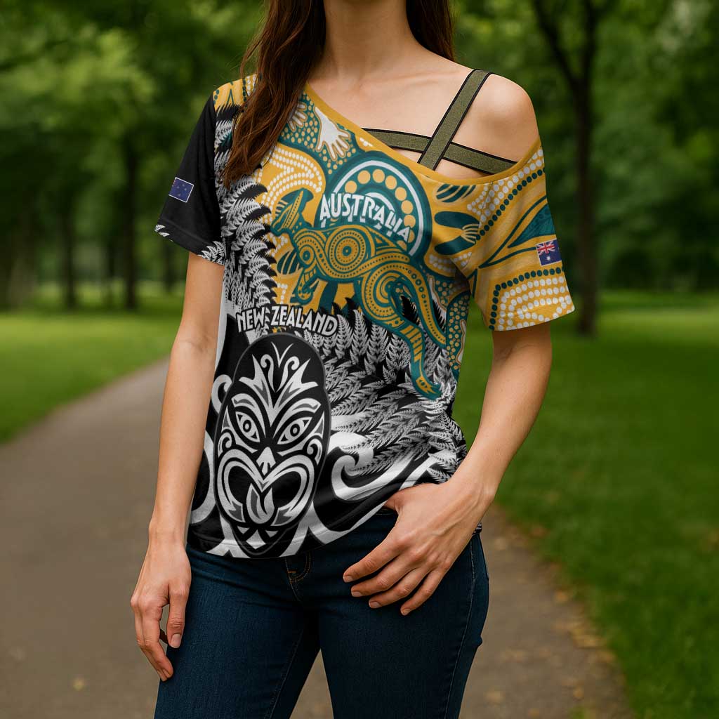 New Zealand Australia Rugby Custom Cross Shoulder Shirt Wallabies Aboriginal All Black Maori Tiki Together - Polynesian Pride