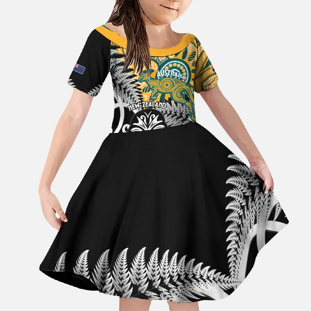 New Zealand Australia Rugby Custom Family Matching Long Sleeve Bodycon Dress and Hawaiian Shirt Wallabies Aboriginal All Black Maori Tiki Together - Polynesian Pride