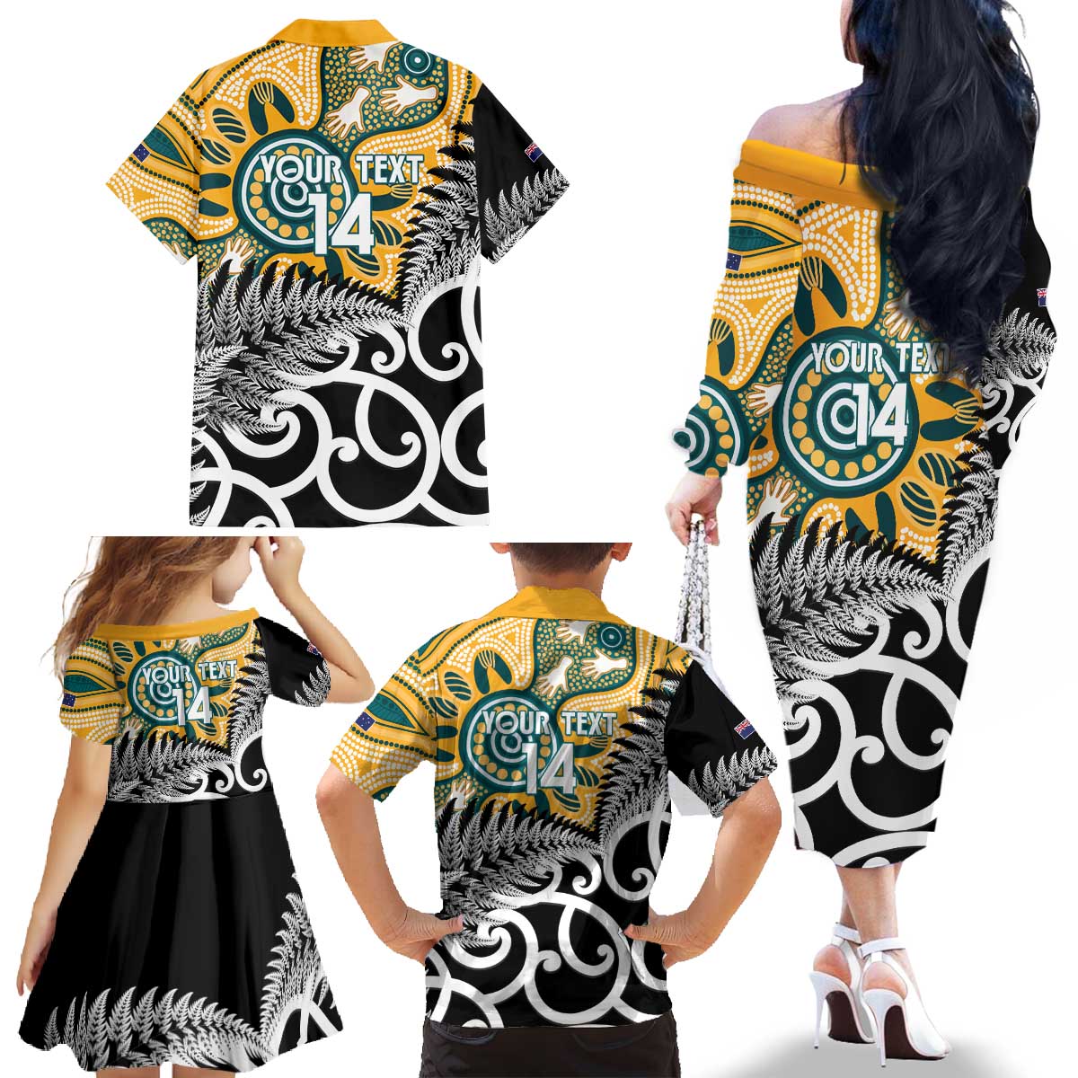 New Zealand Australia Rugby Custom Family Matching Off The Shoulder Long Sleeve Dress and Hawaiian Shirt Wallabies Aboriginal All Black Maori Tiki Together - Polynesian Pride