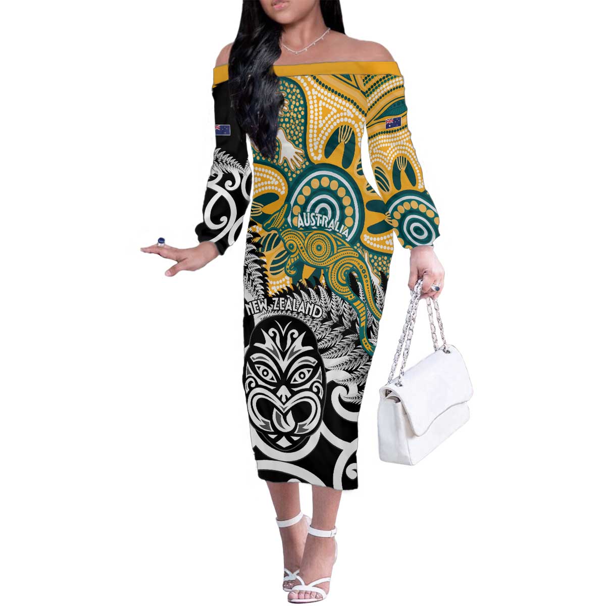 New Zealand Australia Rugby Custom Family Matching Off The Shoulder Long Sleeve Dress and Hawaiian Shirt Wallabies Aboriginal All Black Maori Tiki Together - Polynesian Pride