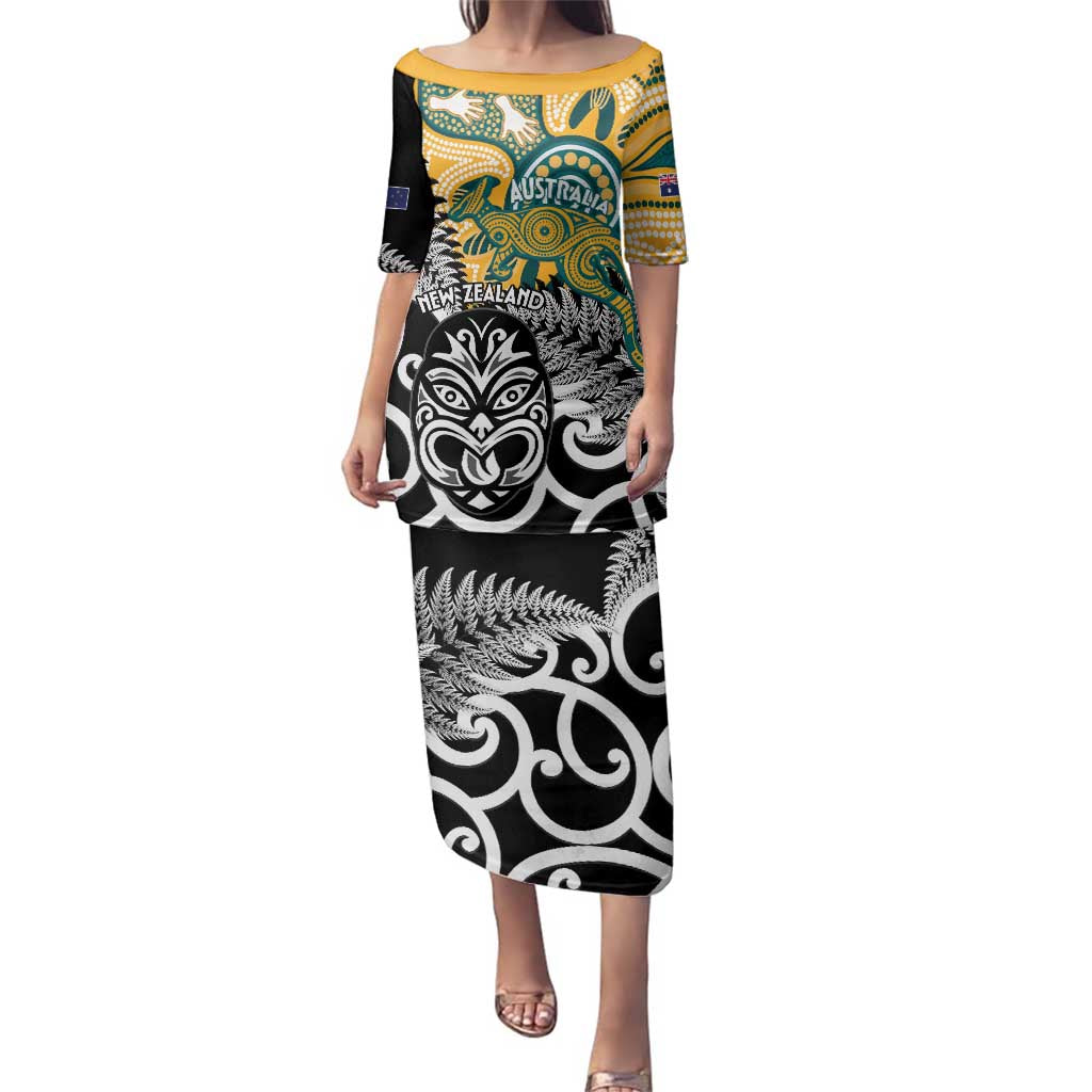 New Zealand Australia Rugby Custom Family Matching Puletasi and Hawaiian Shirt Wallabies Aboriginal All Black Maori Tiki Together - Polynesian Pride