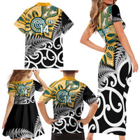 New Zealand Australia Rugby Custom Family Matching Short Sleeve Bodycon Dress and Hawaiian Shirt Wallabies Aboriginal All Black Maori Tiki Together - Polynesian Pride