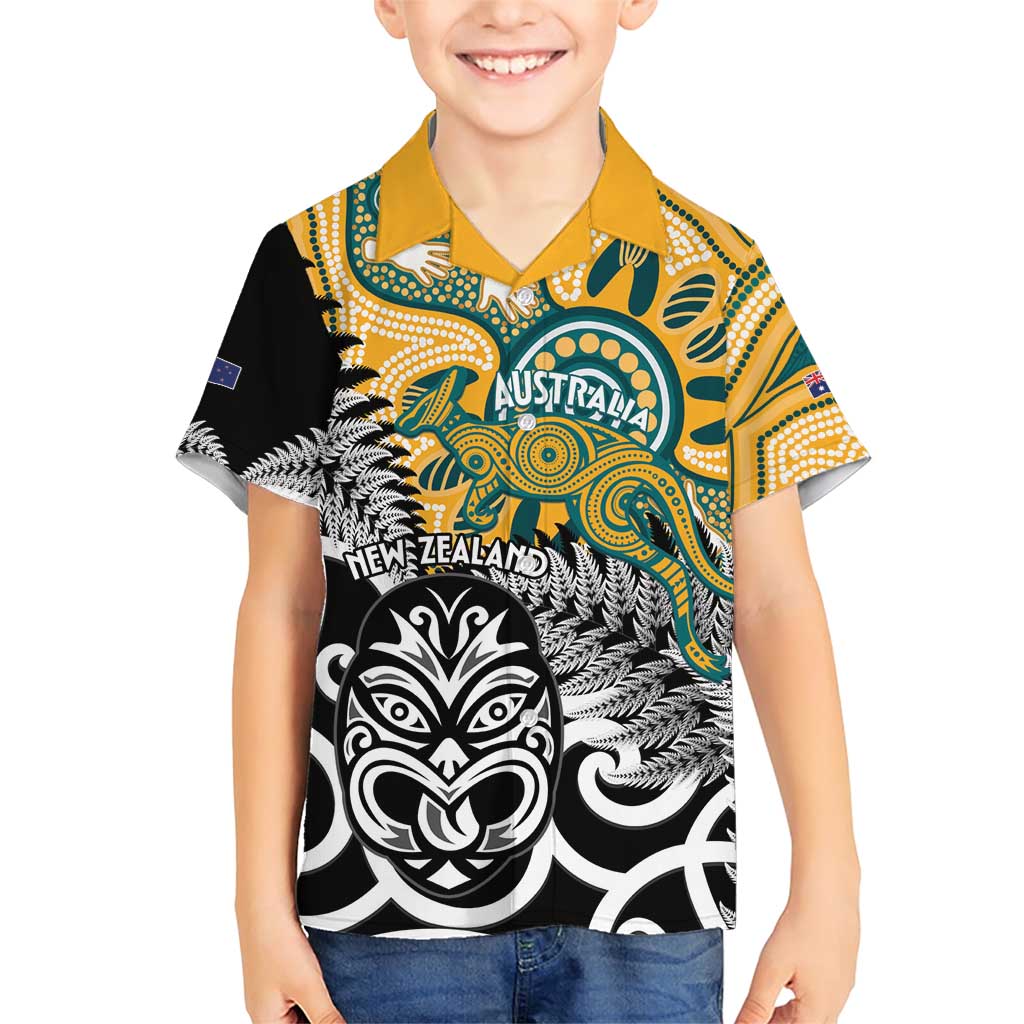 New Zealand Australia Rugby Custom Family Matching Short Sleeve Bodycon Dress and Hawaiian Shirt Wallabies Aboriginal All Black Maori Tiki Together - Polynesian Pride
