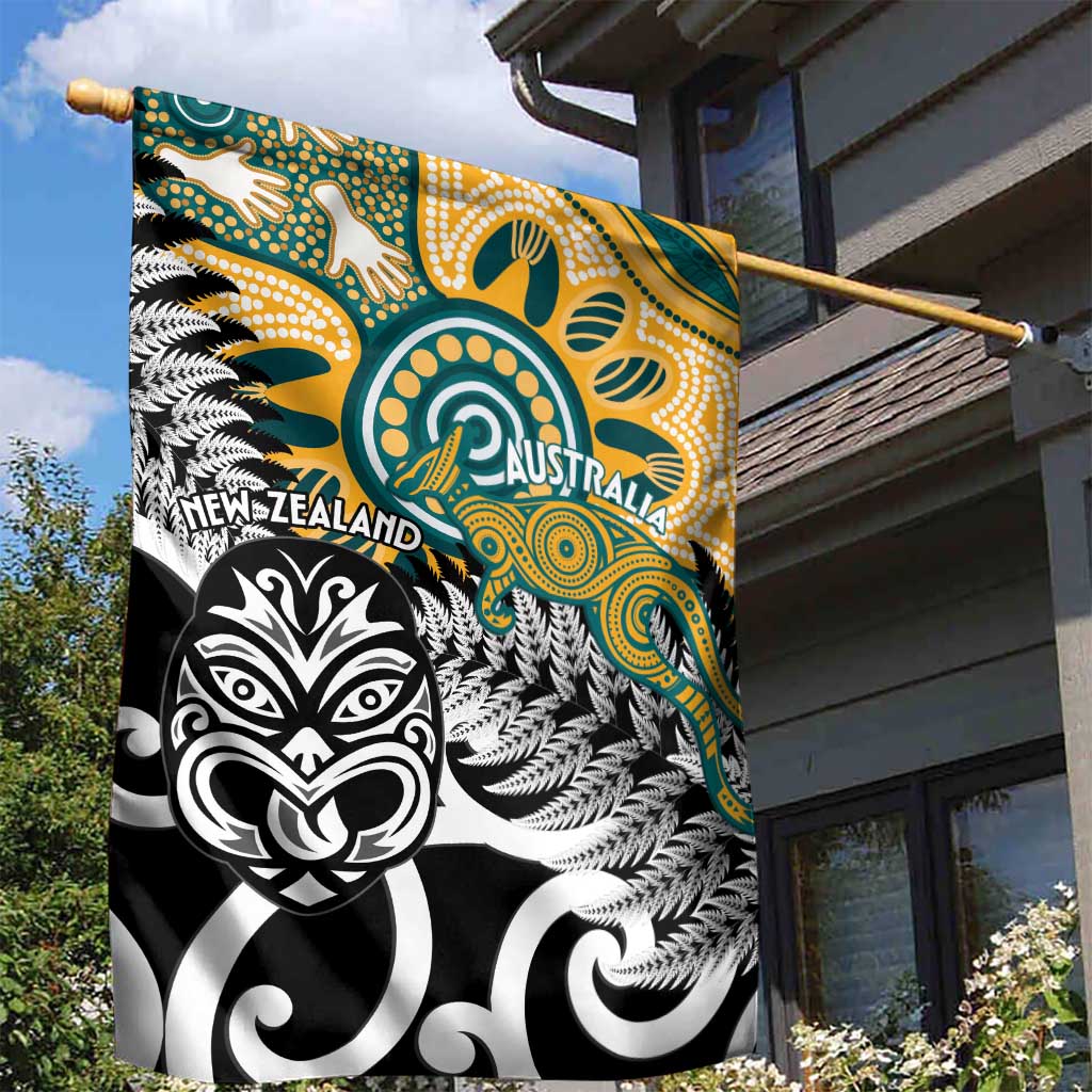 New Zealand Australia Rugby Garden Flag Wallabies Aboriginal All Black Maori Tiki Together - Polynesian Pride
