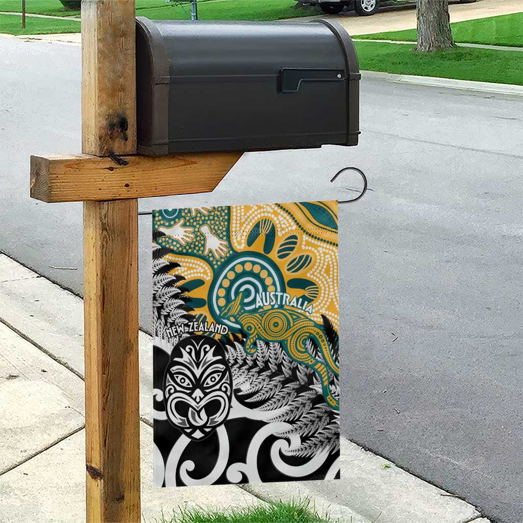 New Zealand Australia Rugby Garden Flag Wallabies Aboriginal All Black Maori Tiki Together - Polynesian Pride