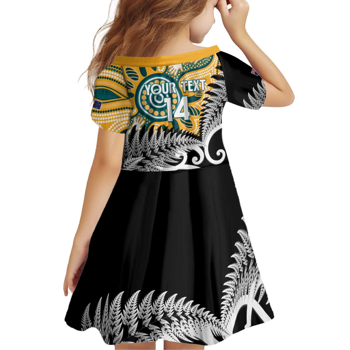 New Zealand Australia Rugby Custom Kid Short Sleeve Dress Wallabies Aboriginal All Black Maori Tiki Together - Polynesian Pride