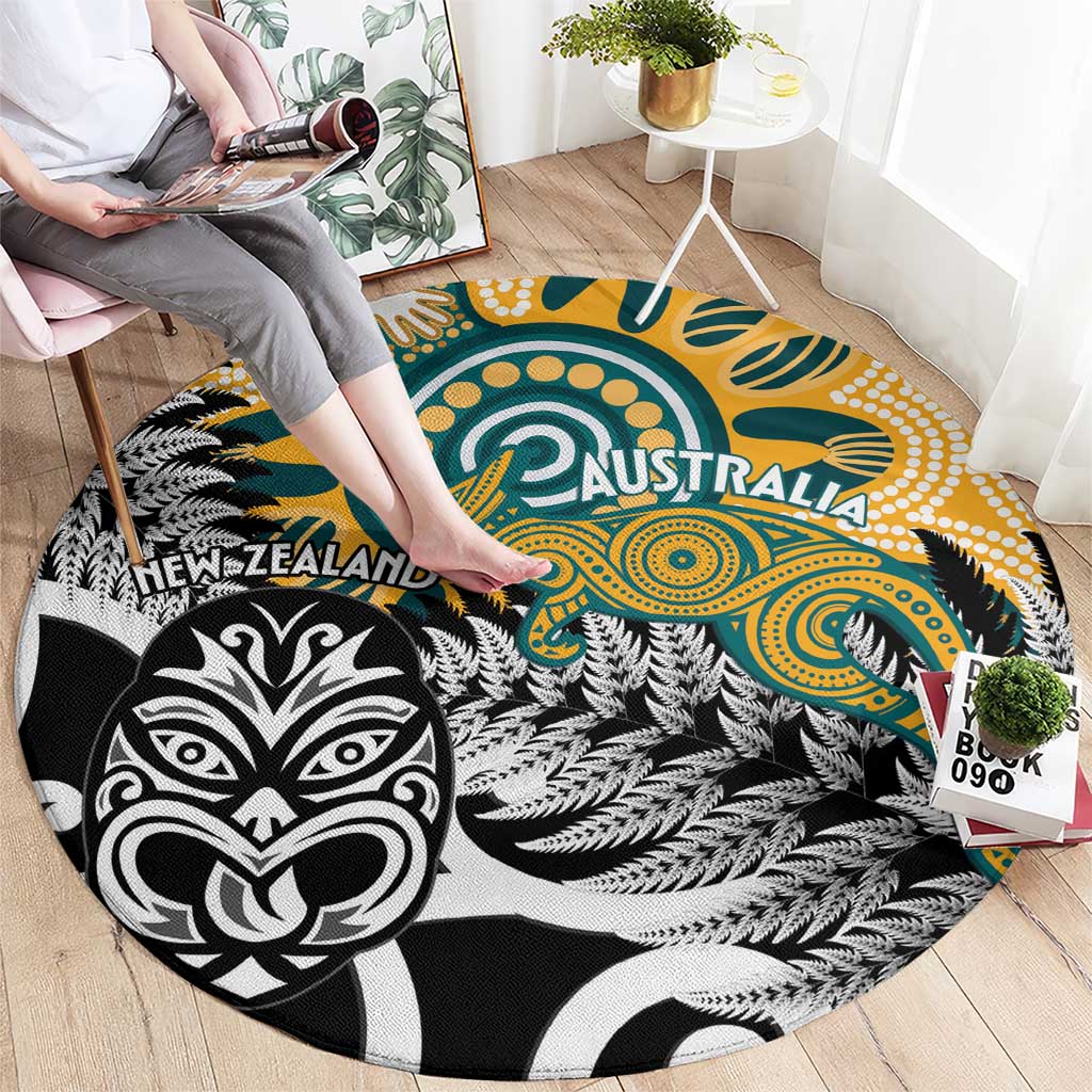 New Zealand Australia Rugby Round Carpet Wallabies Aboriginal All Black Maori Tiki Together - Polynesian Pride