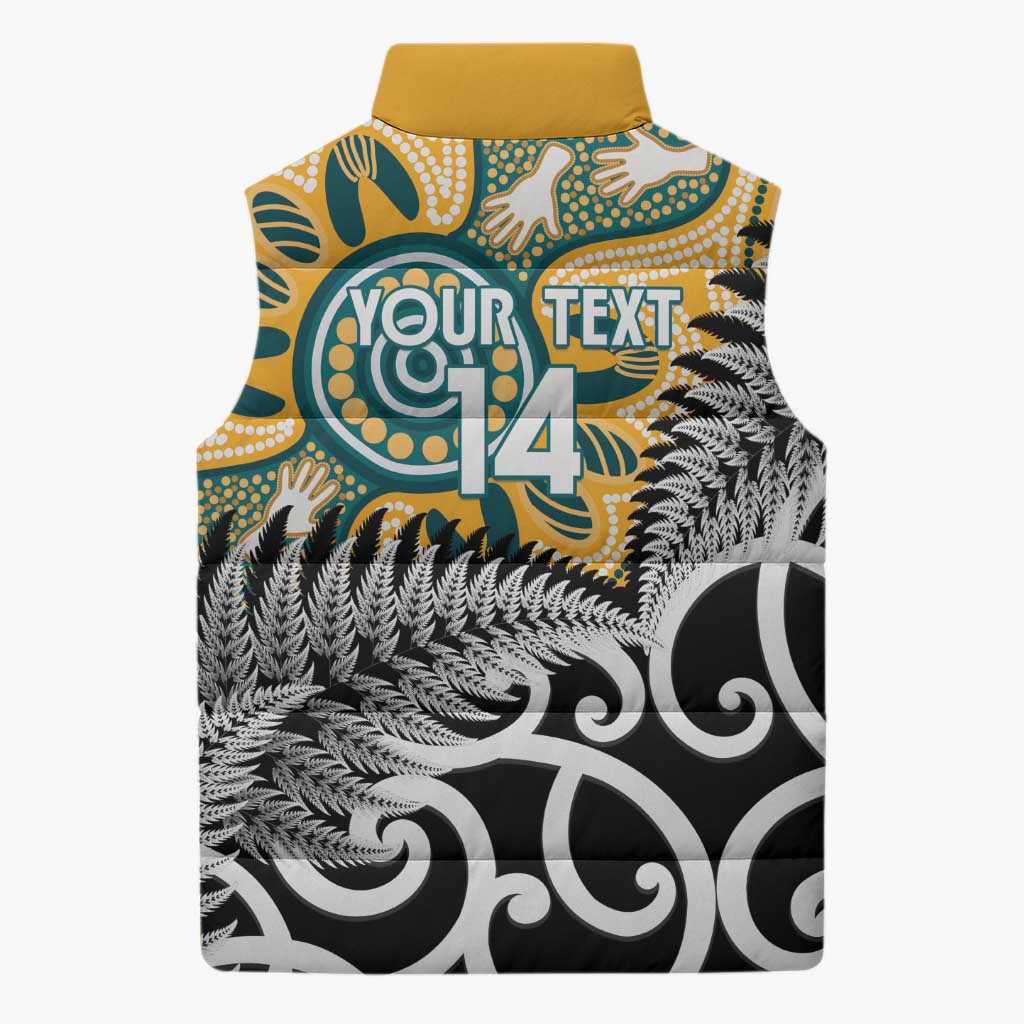 New Zealand Australia Rugby Custom Sleeveless Puffer Jacket Wallabies Aboriginal All Black Maori Tiki Together - Polynesian Pride