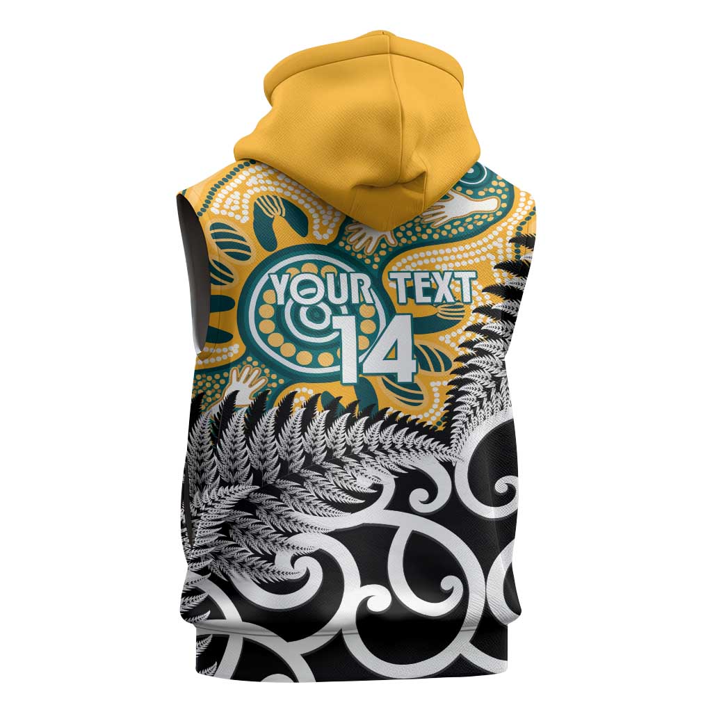 New Zealand Australia Rugby Custom Sleeveless Zip Hoodie Wallabies Aboriginal All Black Maori Tiki Together - Polynesian Pride