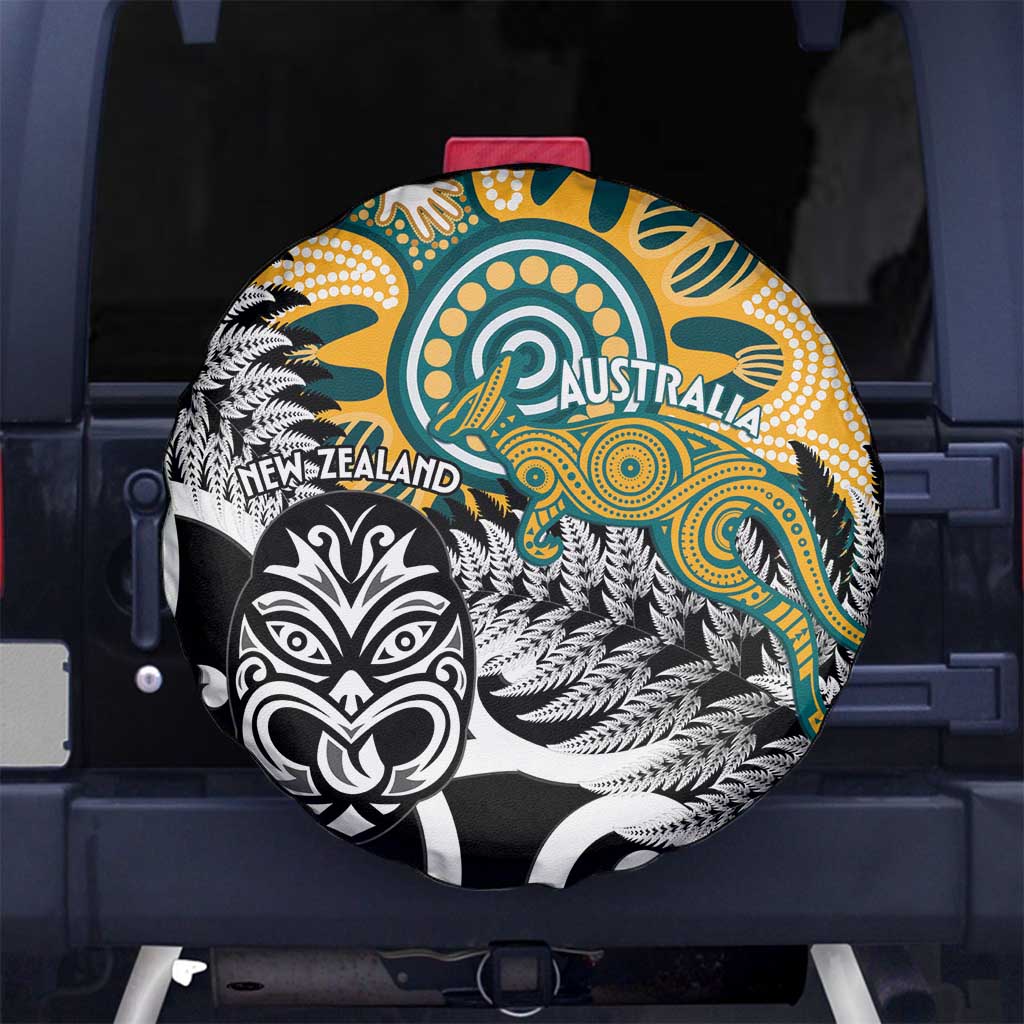 New Zealand Australia Rugby Spare Tire Cover Wallabies Aboriginal All Black Maori Tiki Together - Polynesian Pride