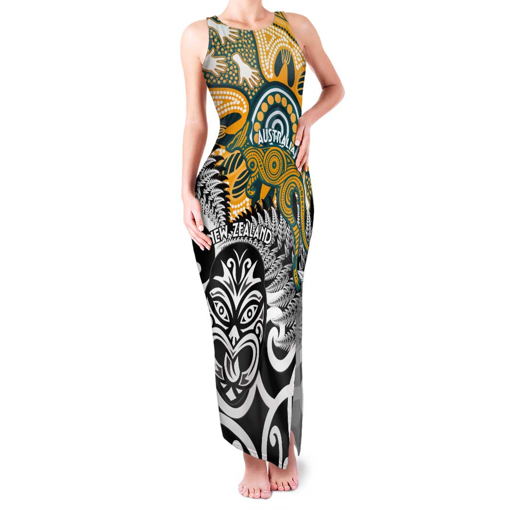 New Zealand Australia Rugby Custom Tank Maxi Dress Wallabies Aboriginal All Black Maori Tiki Together - Polynesian Pride