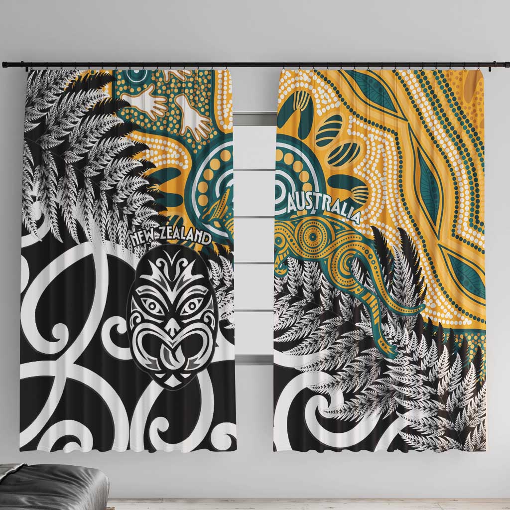 New Zealand Australia Rugby Window Curtain Wallabies Aboriginal All Black Maori Tiki Together LT14 With Hooks Black - Polynesian Pride