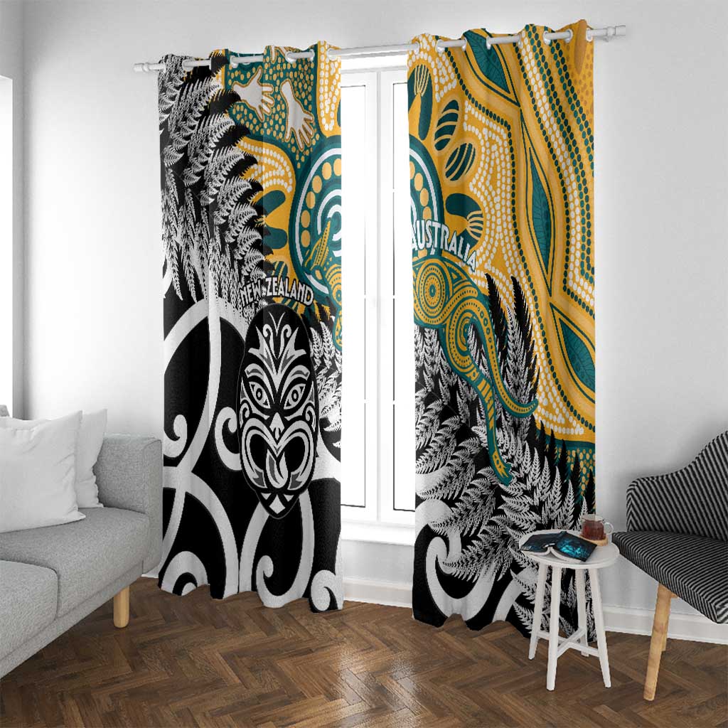 New Zealand Australia Rugby Window Curtain Wallabies Aboriginal All Black Maori Tiki Together LT14 With Grommets Black - Polynesian Pride