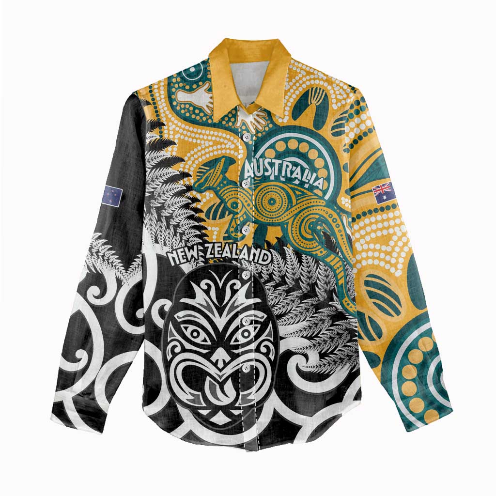 New Zealand Australia Rugby Custom Women Casual Shirt Wallabies Aboriginal All Black Maori Tiki Together - Polynesian Pride