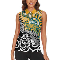 New Zealand Australia Rugby Custom Women Sleeveless Polo Shirt Wallabies Aboriginal All Black Maori Tiki Together - Polynesian Pride