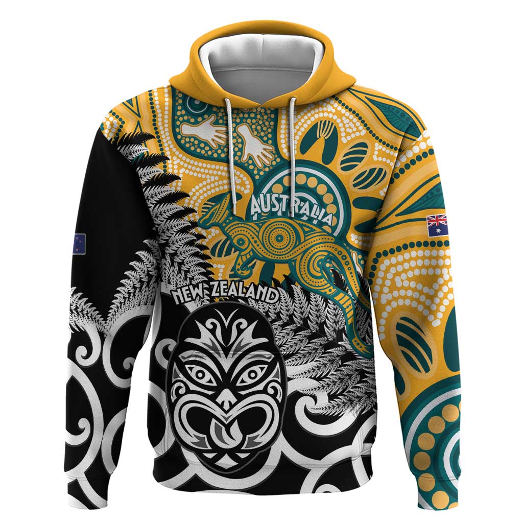 New Zealand Australia Rugby Custom Zip Hoodie Wallabies Aboriginal All Black Maori Tiki Together LT14 Pullover Hoodie Black - Polynesian Pride