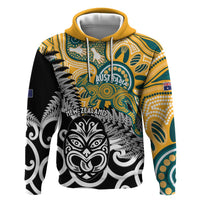 New Zealand Australia Rugby Custom Zip Hoodie Wallabies Aboriginal All Black Maori Tiki Together LT14 Pullover Hoodie Black - Polynesian Pride