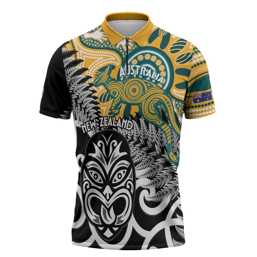 New Zealand Australia Rugby Custom Zipper Polo Shirt Wallabies Aboriginal All Black Maori Tiki Together - Polynesian Pride