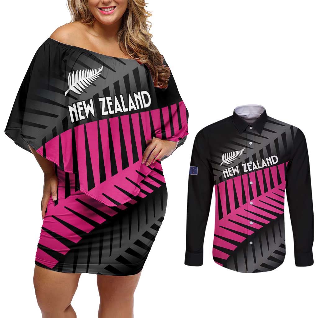 New Zealand Silver Fern Rugby Custom Couples Matching Off Shoulder Short Dress and Long Sleeve Button Shirt 2025 All Black Go Champions - Polynesian Pride