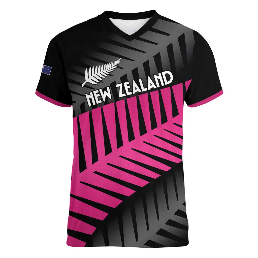 New Zealand Silver Fern Rugby Custom Women V-Neck T-Shirt 2025 All Black Go Champions - Polynesian Pride