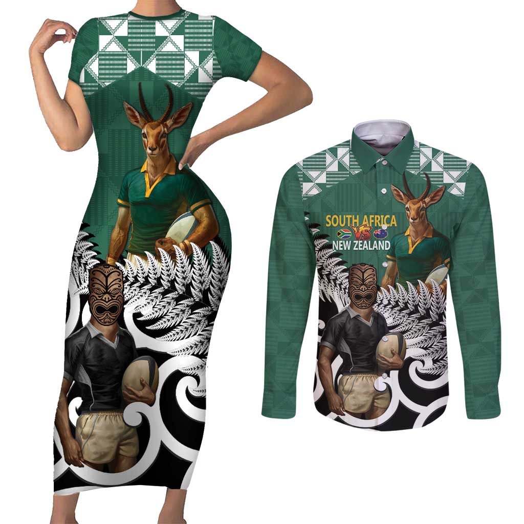 New Zealand South Africa Rugby Custom Couples Matching Short Sleeve Bodycon Dress and Long Sleeve Button Shirt Springboks Kente All Black Maori Together - Polynesian Pride