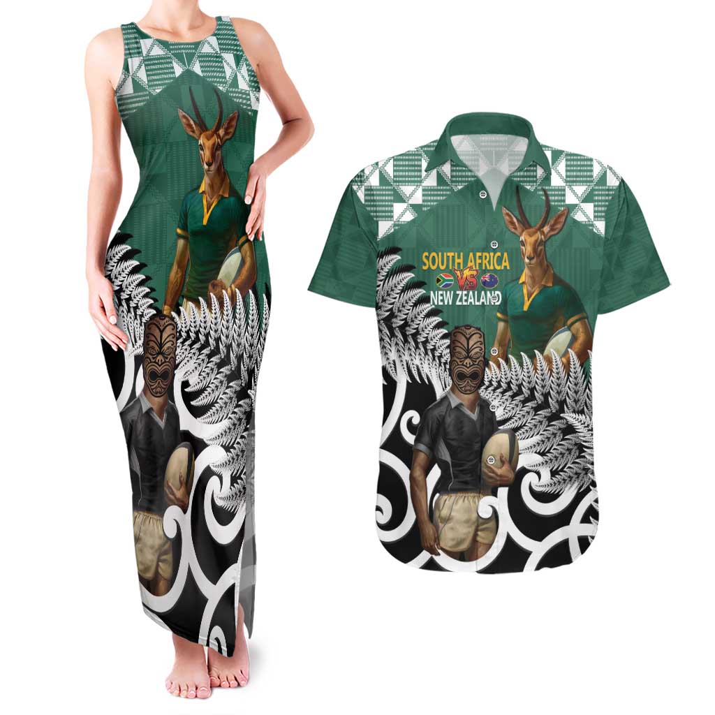 New Zealand South Africa Rugby Custom Couples Matching Tank Maxi Dress and Hawaiian Shirt Springboks Kente All Black Maori Together - Polynesian Pride