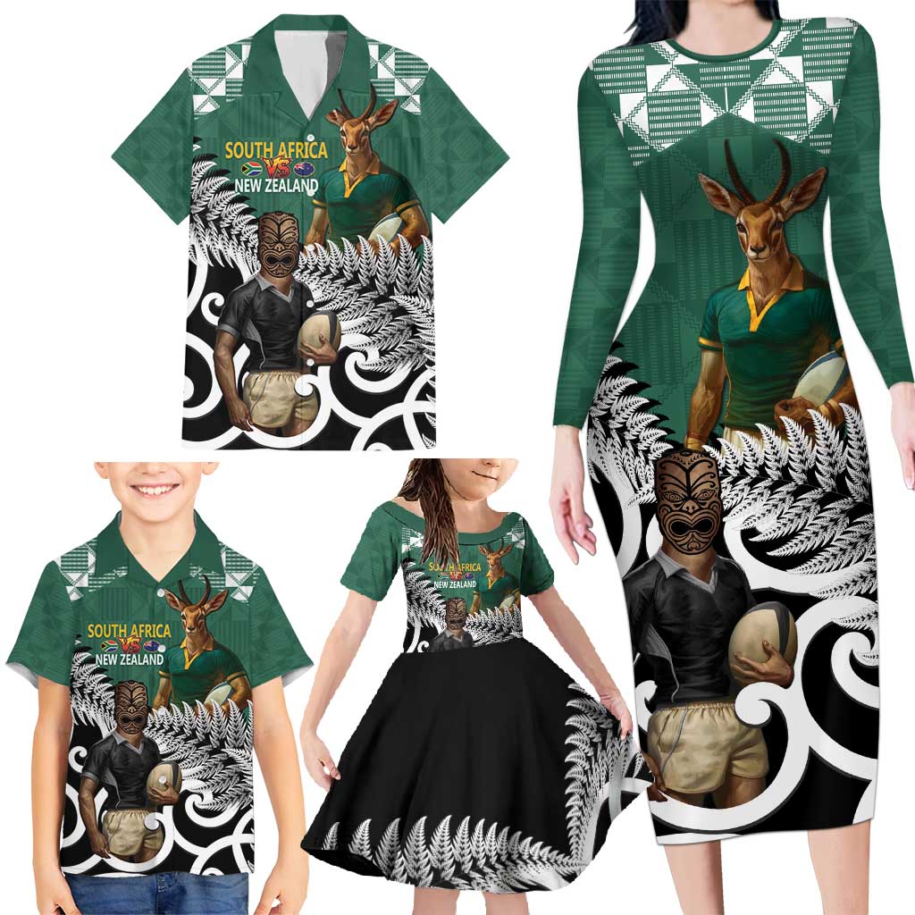 New Zealand South Africa Rugby Custom Family Matching Long Sleeve Bodycon Dress and Hawaiian Shirt Springboks Kente All Black Maori Together - Polynesian Pride
