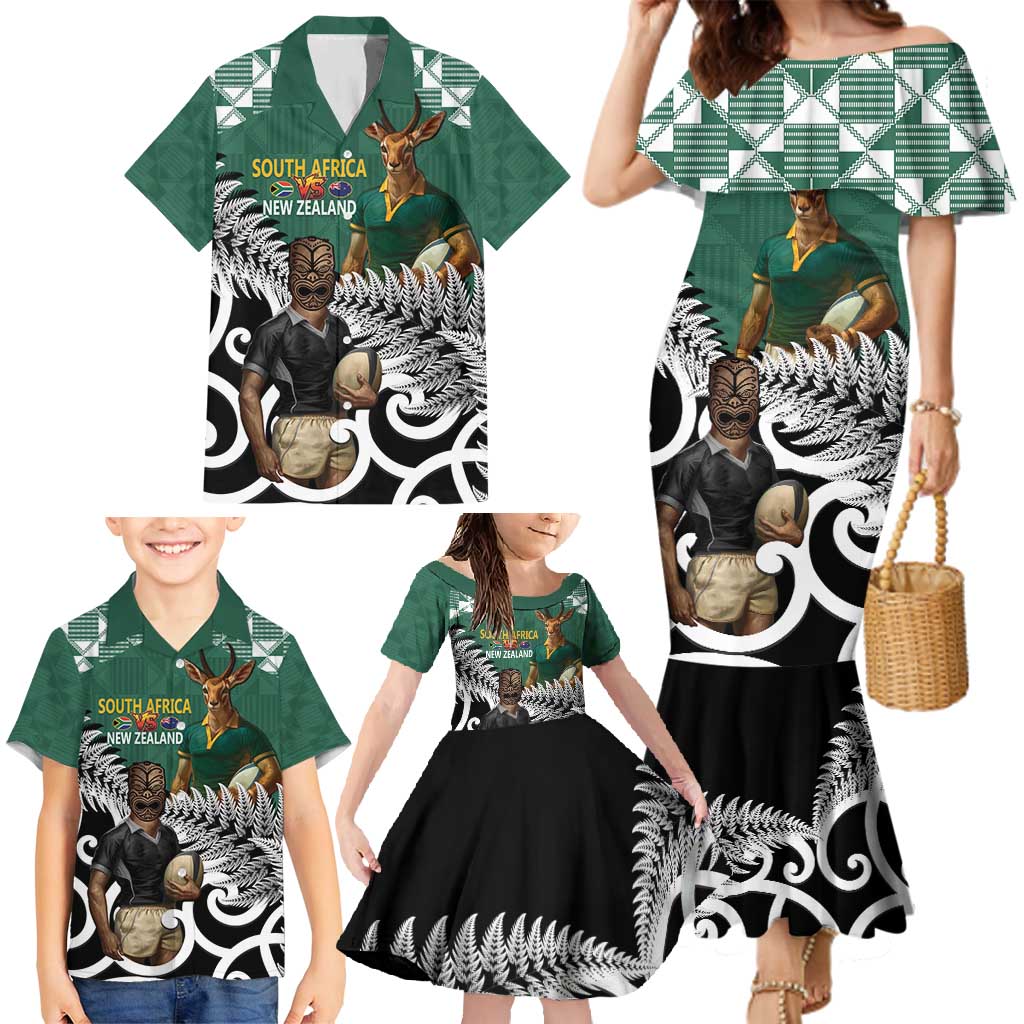 New Zealand South Africa Rugby Custom Family Matching Mermaid Dress and Hawaiian Shirt Springboks Kente All Black Maori Together - Polynesian Pride